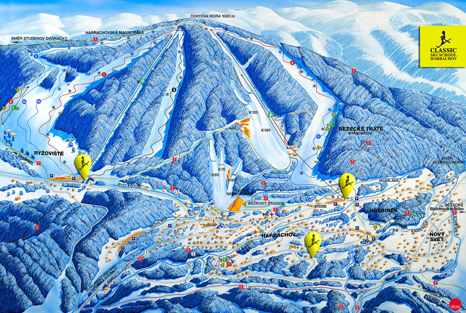 Mapa sjezdovek a vleků v Harrachově s vyznačením Classic Ski School Harrachov.